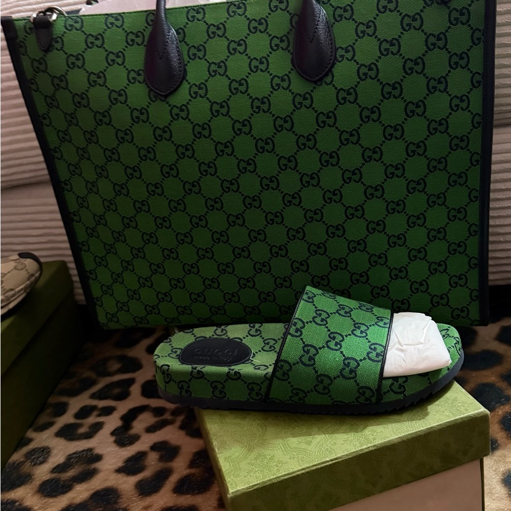 Gucci Green Monogram Bag and Slide Set